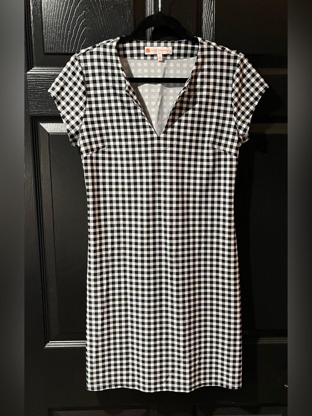 Jude Connally Black and White Gingham V-Neck Midi Dress
